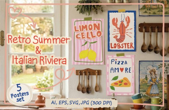Download Retro Italian Summer Food Posters Bundle - Summer food Collection